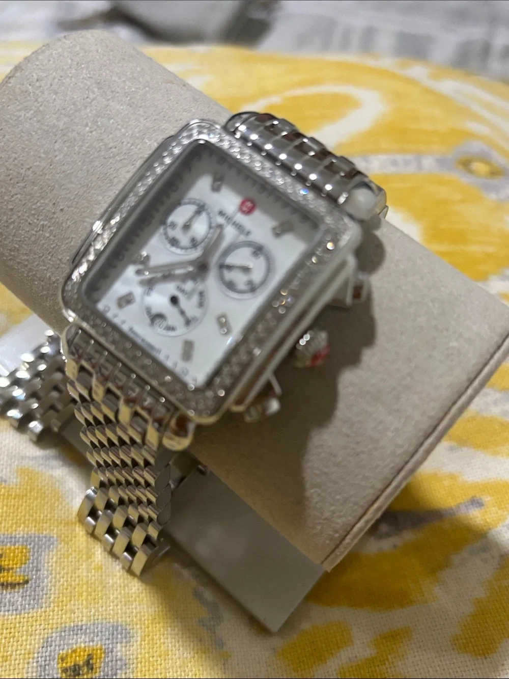 Michele Silver Stainless Steel Square Diamond-Trim Chronograph Watch